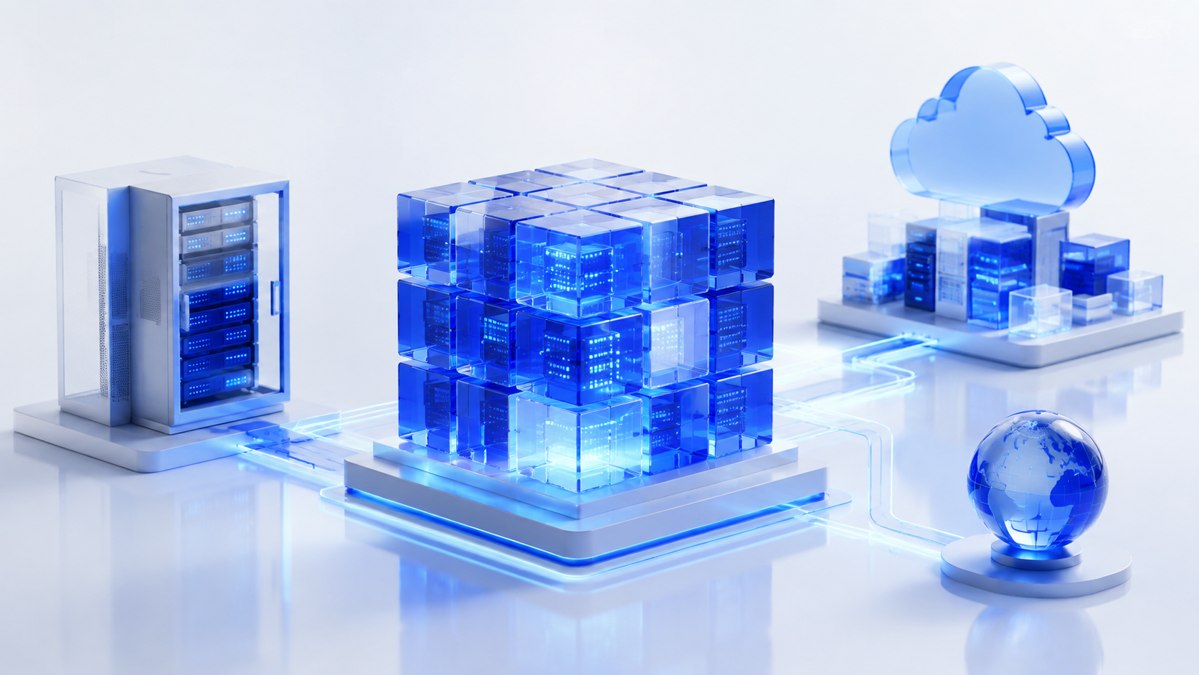 Original illustration of a modular blue AI model connected to on-premises and hosted infrastructure.