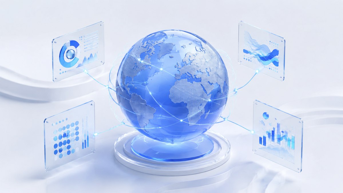 Original illustration of a blue globe connected to abstract marketing research and analysis panels.